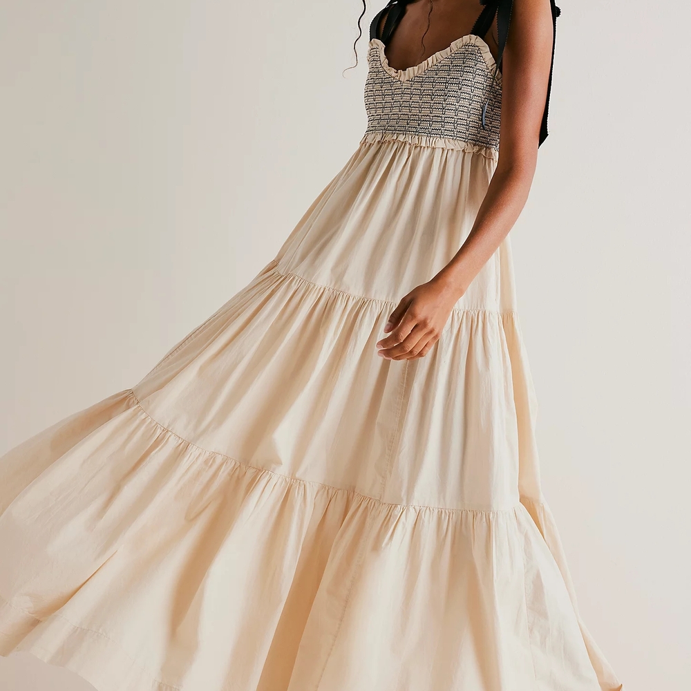Free People Cream Smocked Tiered Maxi Dress